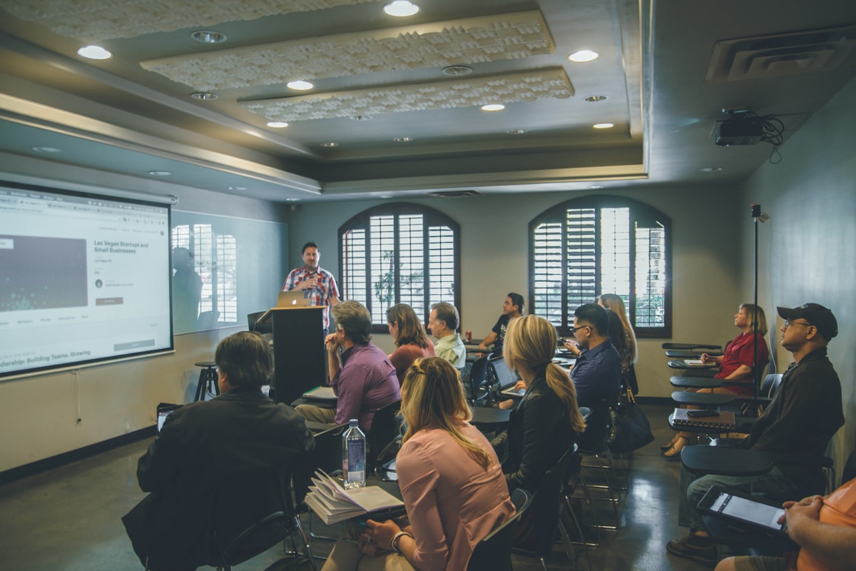 Classroom Presentation | Australian Higher Education Group A presenter delivers a classroom presentation to an engaged audience of higher education students.